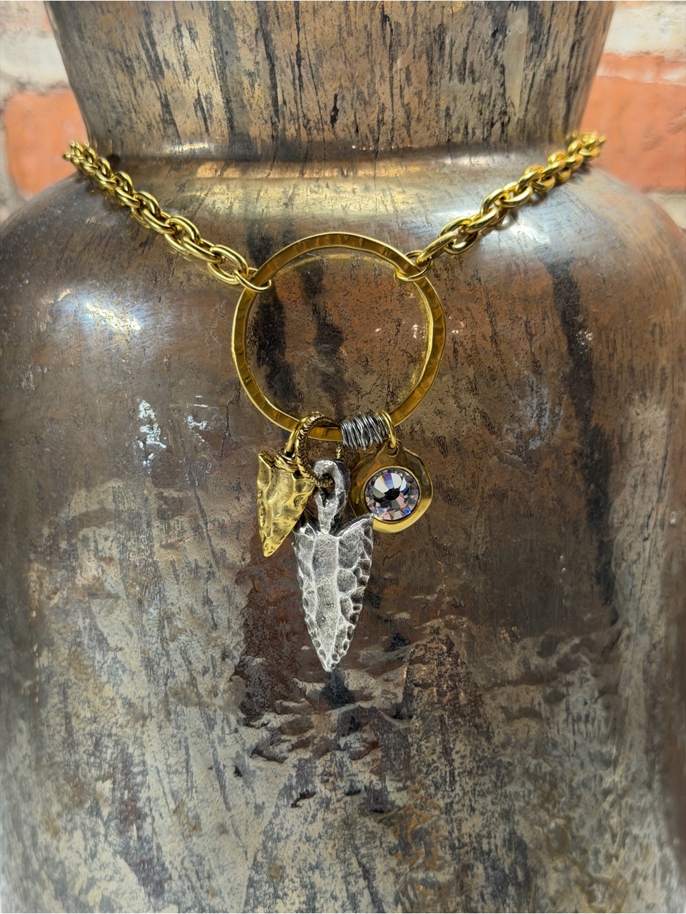 Gold-Tone Charm Pendant Necklace with Two Arrowhead Charms and Crystal Accent